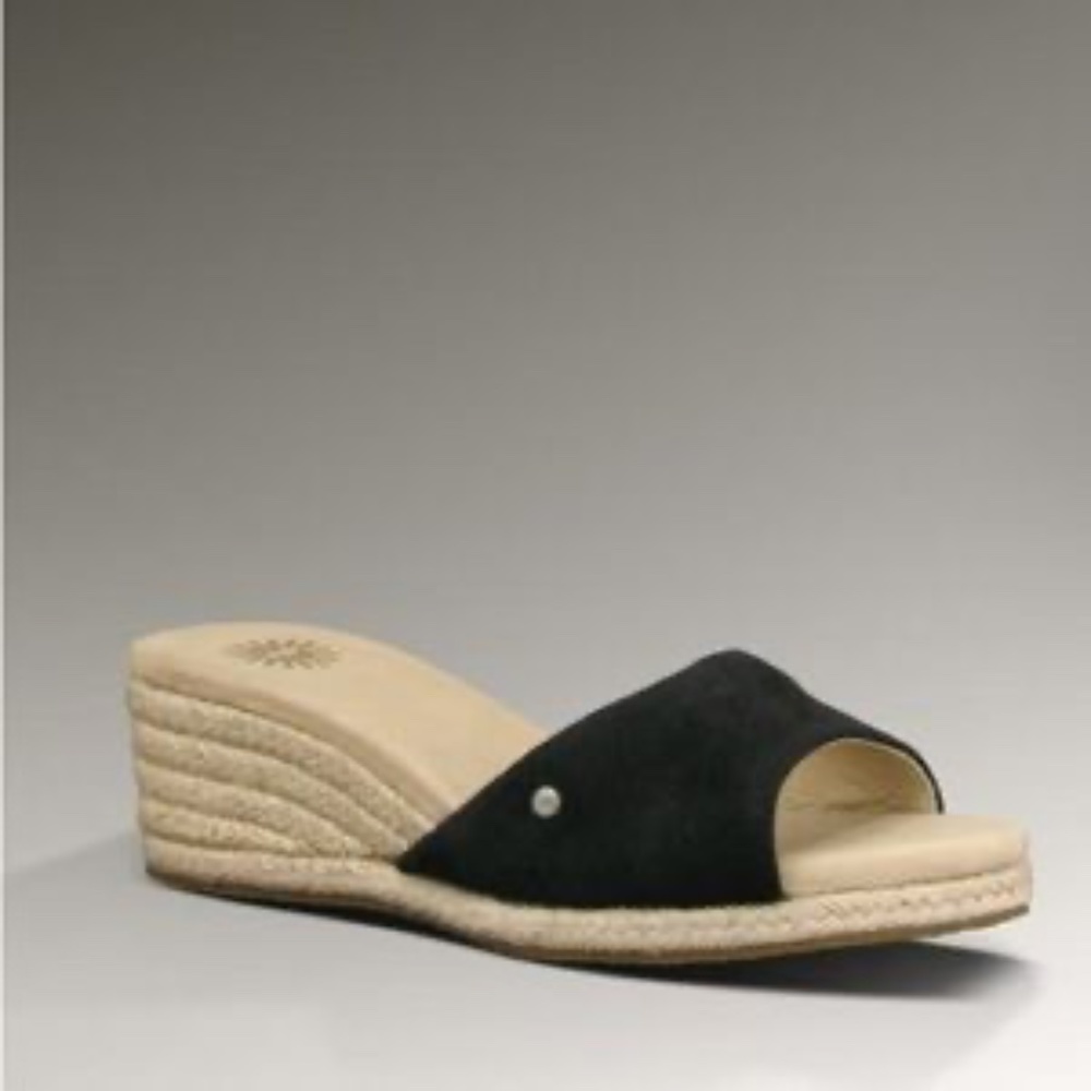 NWOT UGG Mandalay Suede Espadrilles Black & Tan Wedge Slip-on Slides Sandals
